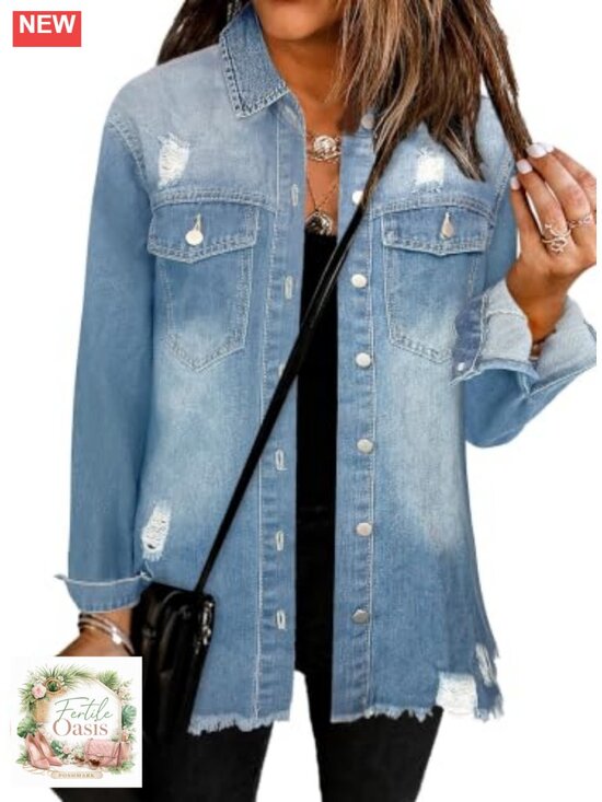 Jackets & Blazers - Oversized Distressed Denim Jacket Long Sleeve Frayed Hem Shacket